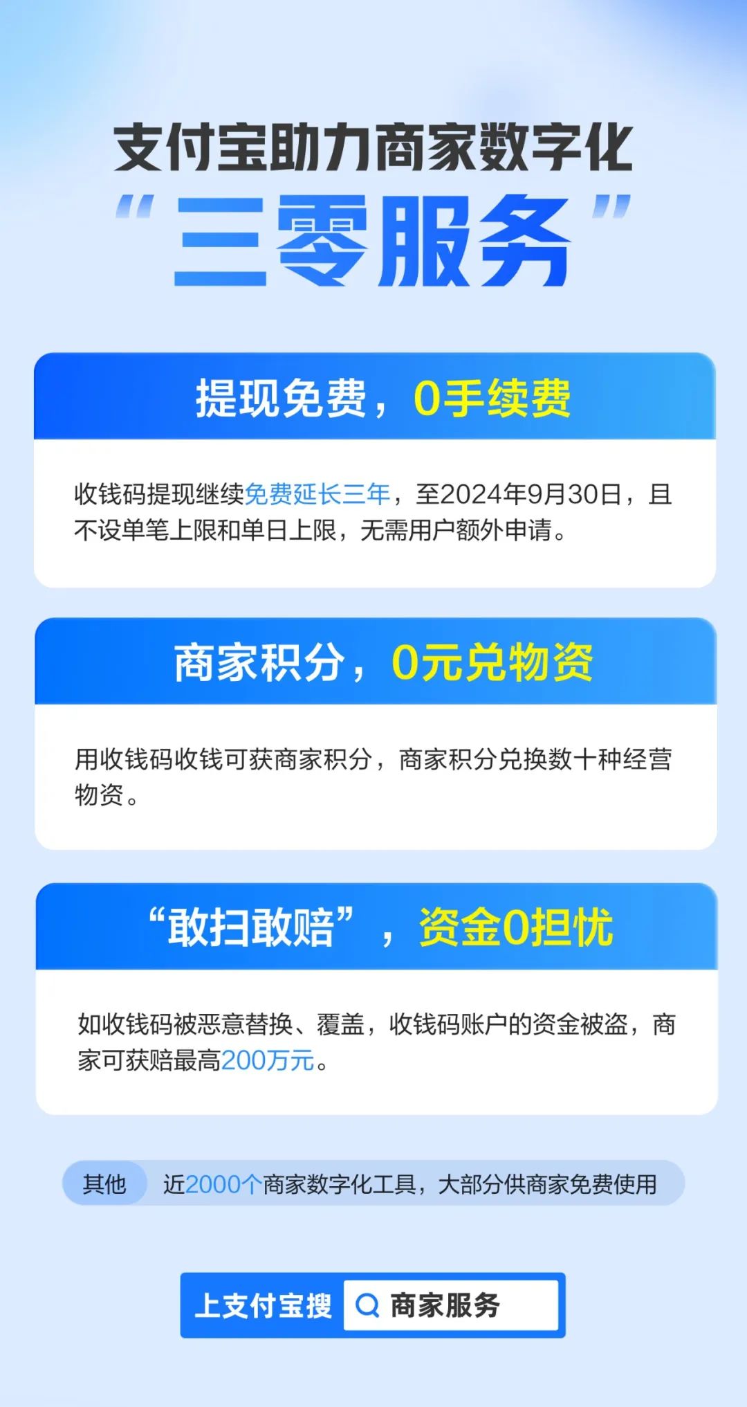 支付宝推出“三零服务”，商家收钱码继续免费